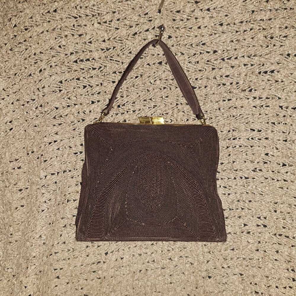 GOLD SEAL-Vintage 50s Corded Chocolate Brown Bag-Attached Coin Purse-Near Mint